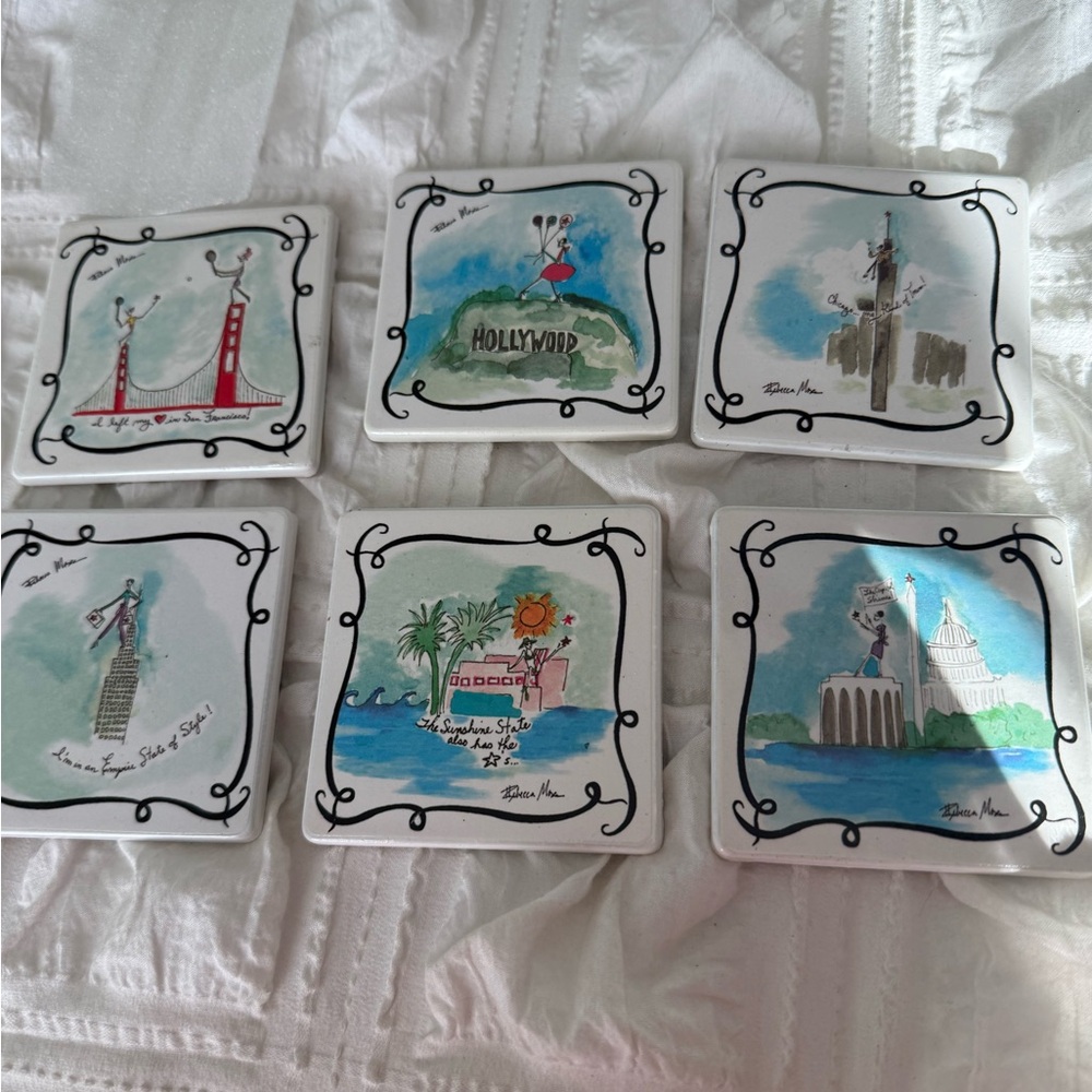 Set of 6 Rebecca Moses Ceramic Coasters with Iconic Landmarks design. New